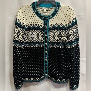L.L. Bean Fair Isle Button Front Cardigan Black, Cream & Teal Size M